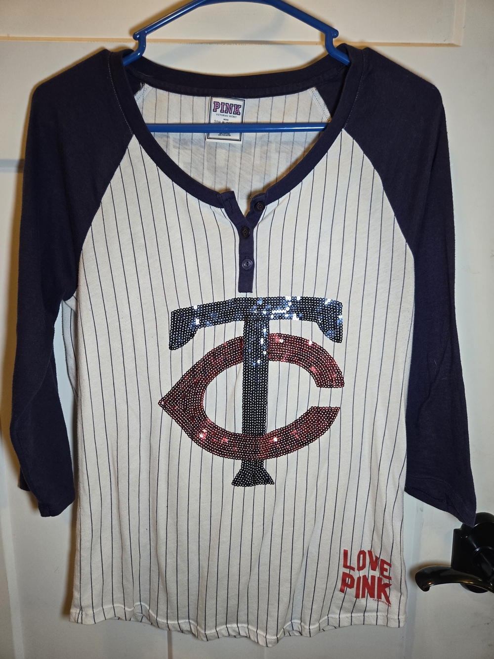 PINK Victoria's Secret Womens' Navy & White Pinstripe Sequin Logo Baseball Tee